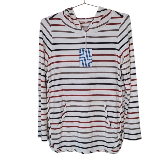 Market & Spruce Tops - MARKET & SPRUCE Beige Striped Milania French Terry Curved Hem Hoodie Size M